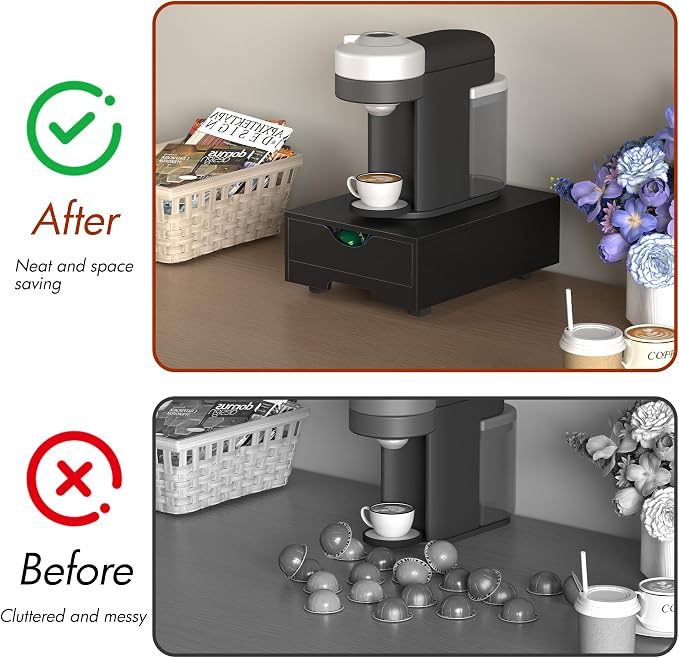 Suli Coffee Pod Drawer Organizer Compatible with Nespresso Vertuo Capsules | Wood Coffee Pod Holder for Countertop with Smooth Pull-Out,52 Small or 40 Large Capsules,Fits Under Coffee Maker,Black