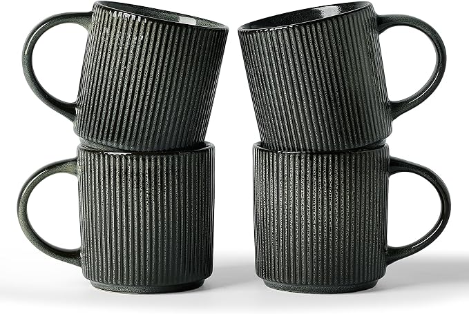 famiware Coffee Mug Set for 4, Star 12 oz Catering Mugs Cup Set with Handle for Coffee, Tea, Cocoa, Milk - Ceramic Stoneware Drinkware Set, Deep Forest