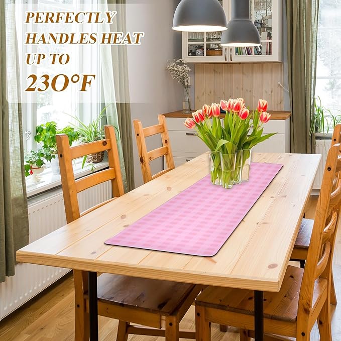 Heat Resistant Table Runner Trivet for Hot Pots and Pans 39 x 12 Inch Long Hot Pad Decorative Table Protector for Kitchen Countertop Checkered Pink