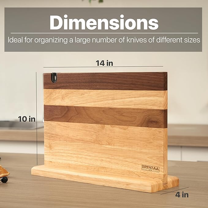 BRENZAA Magnetic Knife Block with Built-in Sharpener, 14 inch Double Sided Wood Knife Holder for Countertop, Universal Knife Stand without Knives (Rubberwood and Walnut Decor)