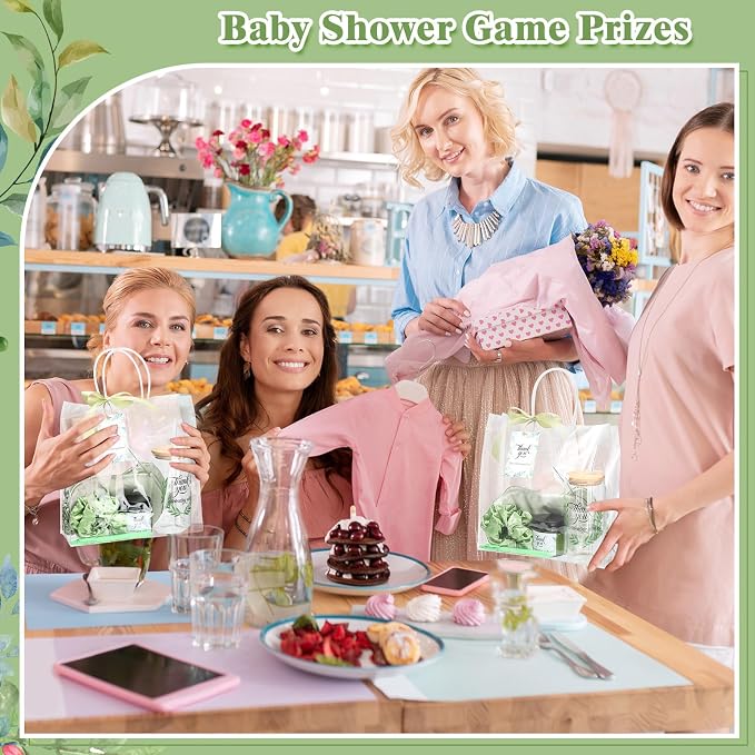Reallnaive 43 Pcs Baby Shower Prizes for Player Winner Wedding Bridal Shower Favor Gifts Including Glass Cups Aromatherapy Candle Eye Mask Hair Band Greeting Card Pen Ribbon Gift Bag(Sage Style,Green)