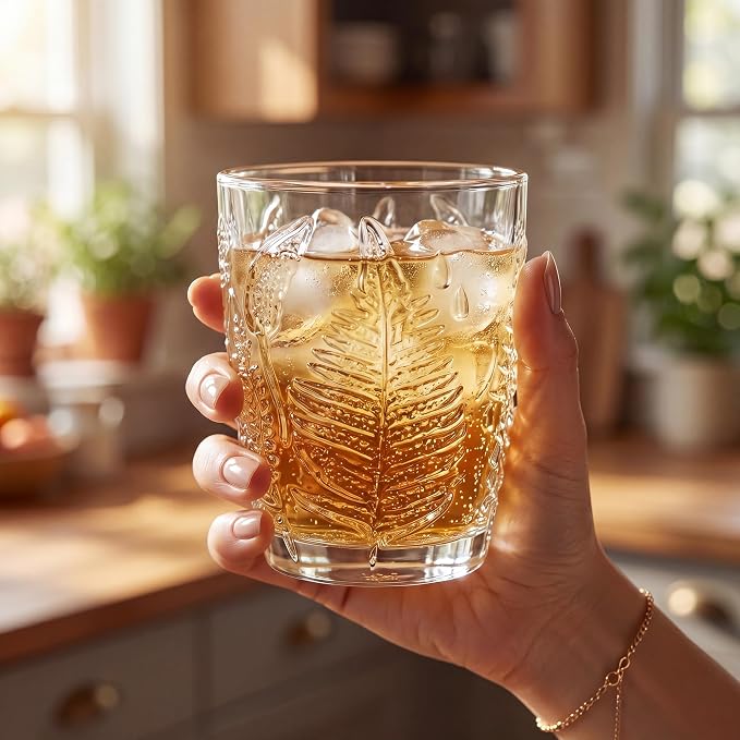 Vintage Drinking Glasses Set of 4, 10 oz Hand-Pressed Clear Glass Cups, Fern Embossed Retro Glassware, Textured Tumblers for Water, Cocktails & Juice, Decorative Kitchen Drinkware, Unique Boho Gift