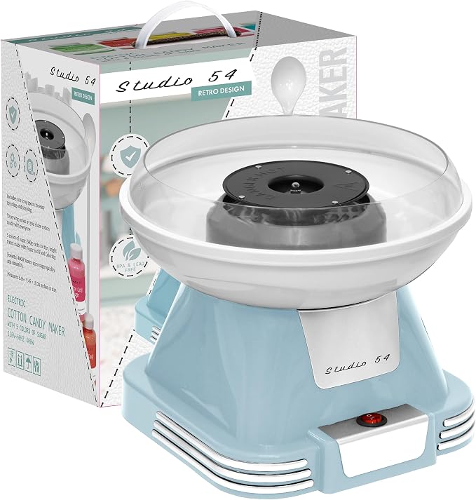 Retro Cotton Candy Machine with 5 Jars (11oz Each) Floss Sugar, 50 Paper Cones, Easy Cleanup Cotton Candy Maker, Durable Retro Design, Makes 20–30 Servings per Jar, BPA & Lead Free