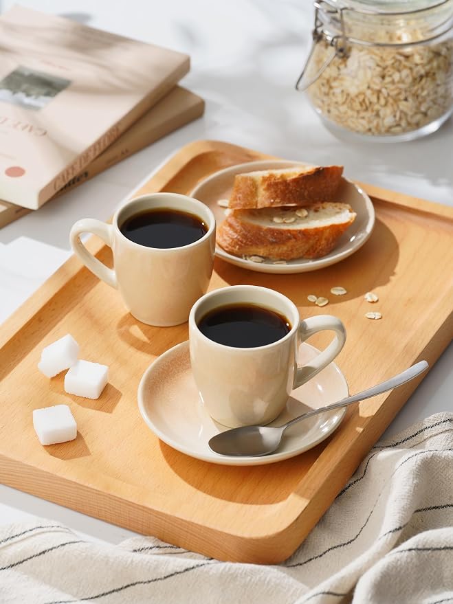 famiware Glacier Espresso Cups with Saucers Set of 4, 3oz Espresso Cup Set, Coffee Mug Set for Latte, Macchiato, Stoneware Demitasse Cups Set for Cafe, Microwave&Dishwasher Safe, Honey Beige