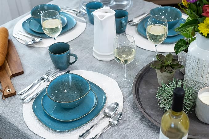 Elanze Designs 16-Piece Modern Luxury Chic Smooth Vintage Handmade Shape High Gloss Ceramic Stoneware Square Plate Mug & Bowl Kitchen Dinnerware 16 Piece Set - Service for 4, Turquoise
