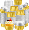 Gejoy 500 Pcs Aluminum Foil Baking Cups with Lids 5 oz Disposable Ramekins Mini Cake Pans Creme Brulee Cupcake Liners Muffin Dessert Container for Wedding Birthday Party (Classic,Gold Color)