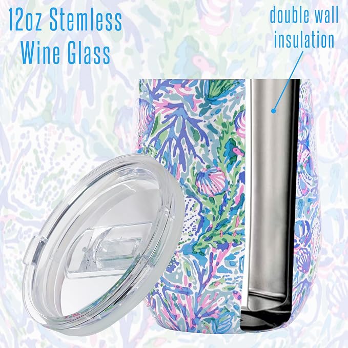 Lilly Pulitzer 12 Oz Insulated Tumbler with Lid, Stainless Steel Travel Wine Glass, Double Wall Metal Cup, Soleil It On Me (Pack of 2)
