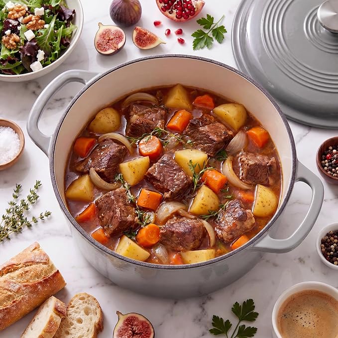 DUMOS Cast Iron Dutch Oven, 6 Quart Pot with Lid, Enameled Heavy Duty Cookware, Oven Safe to 500°F, Perfect for Bread Baking, Braising, Stews and Roasting, Moisture Sealing Lid with Dual Handles, Grey