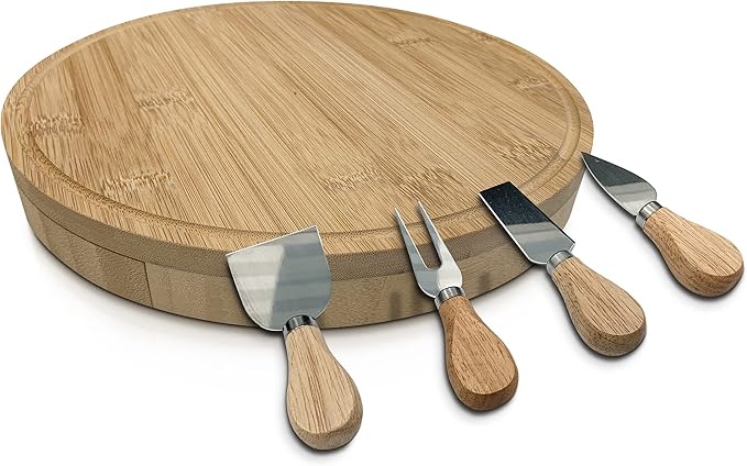 10” Round Cheese Bamboo Board Set with Cheese Knives for Charcuterie Boards, Bamboo