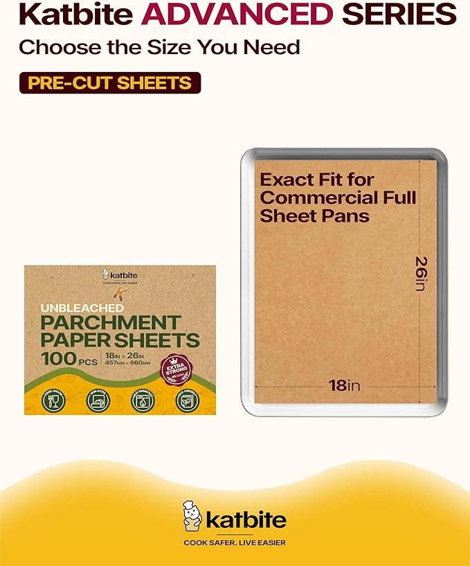 Katbite Parchment Paper Sheets Heavy Duty, 18x26 Inches 100 PCS Precut Baking Parchment, Unbleached, Non-stick, Non-toxic, Extra Strong, Flat Baking Paper for Oven, Cooking, Grilling, Air Fryer