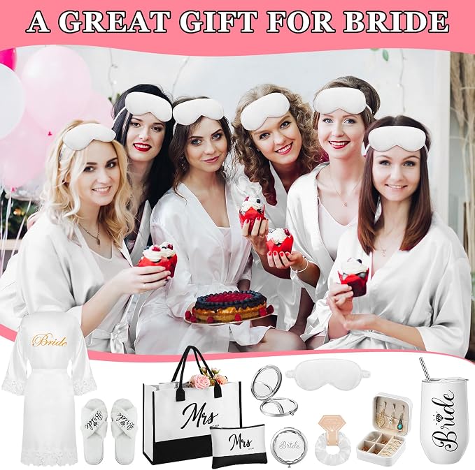 JaGely 9 Pcs Bride to Be Gifts Set Bridal Shower Bachelorette Wedding Gifts with Robe Slippers Tumbler Tote Bag & Bridal Kit