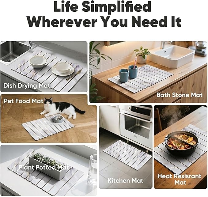 Stone Drying Mat for Kitchen Counter, Quick Diatomaceous Earth Mats for Dishes, 23.6"L x 15.7" W Super Absorbent Fast-Drying Collapsible Countertop Stone Mat (Marble White-04, 24" x 16")