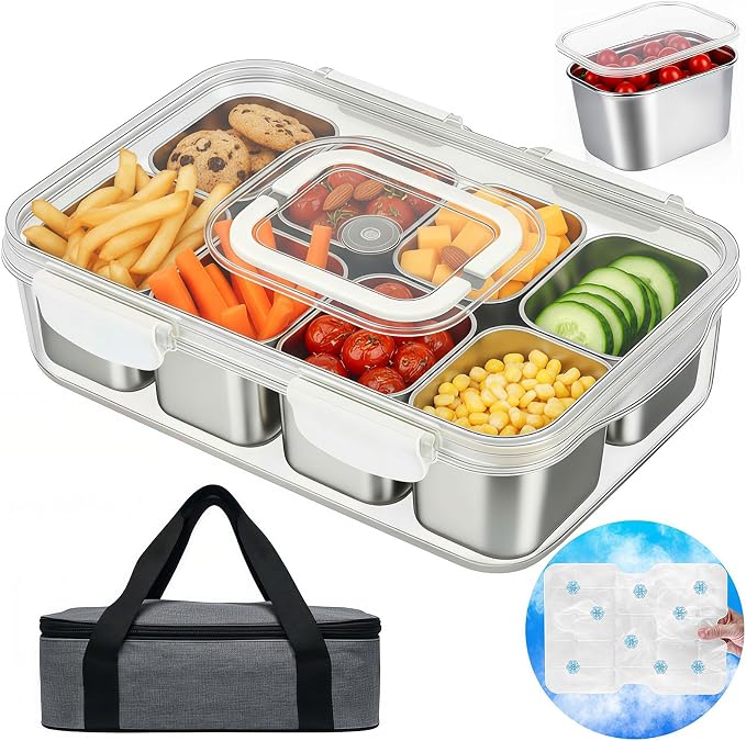Snackle Box Container with Ice Pack Stainless Steel,Portable Snack Boxes with Lid and Insulated Bag,8 Compartment Snackle Storage Divided Serving Tray Beach Road Trip Picnic for Fruit Charcuterie