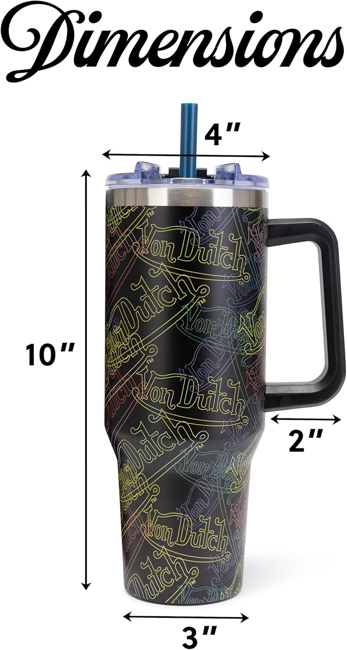 Von Dutch Neon Logo 40oz Double Walled Insulated Food Grade Stainless Steel Tumbler, BPA Free - 24 Hours Cold / 10 Hours Hot