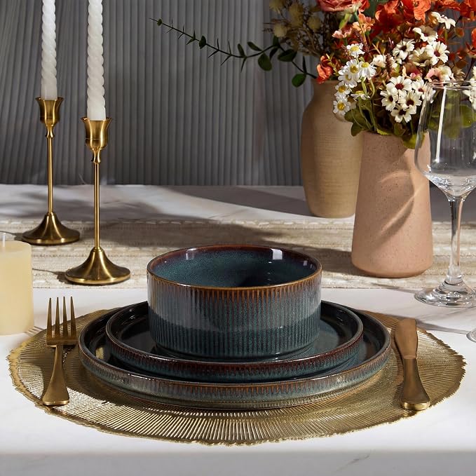 E-far Stoneware Dinnerware Sets for 2, 6-Piece Plates and Bowls Sets, Chip & Scratch Resistant Ribbed Dish Set for Home Restaurant, Microwave & Dishwasher Safe, Blackish Green