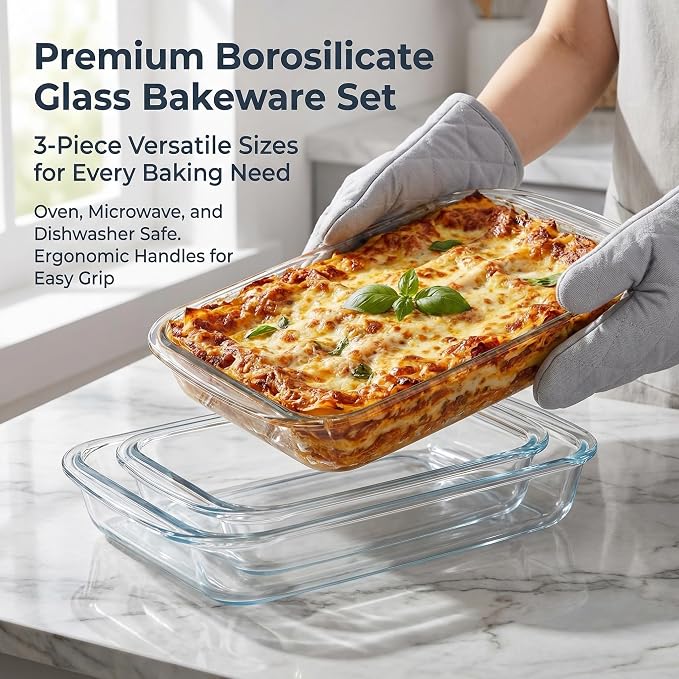 High Borosilicate Glass Baking Dishes for Oven, (2.3QT, 1.6QT, 1.0QT, 3 Pack) Rectangular Bakeware Sets, Deep Glass Casserole Dishes with Handle for Microwave, Baking, Meal Preparation