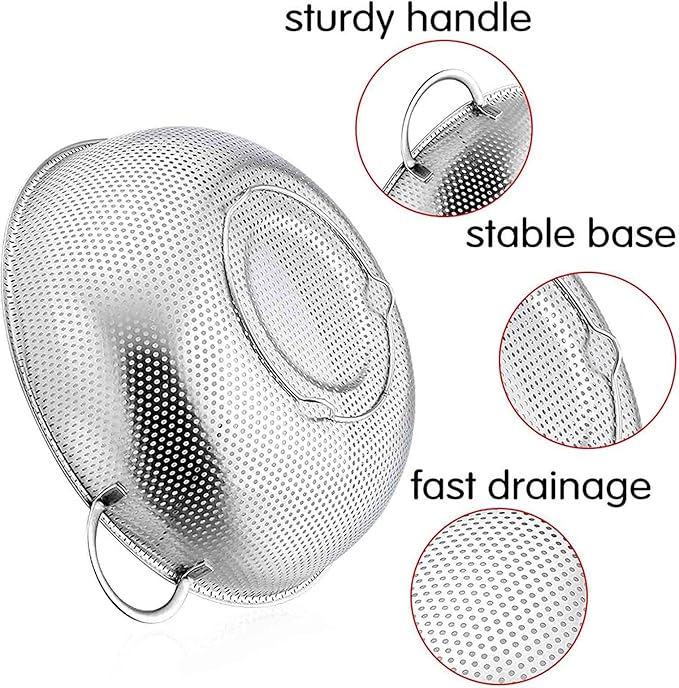 TeamFar Stainless Steel Colander, 5QT Micro-Perforated Metal Colander Food Strainer with Handles, for Draining Washing Rinsing Steaming, Non Toxic & Dishwasher Safe, Solid Construction & 3 Stable Feet
