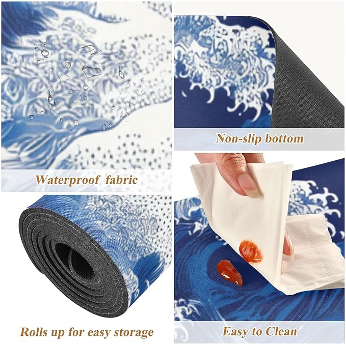 2 in 1 Table Runner Trivet for Hot Pots and Pans Heat Resistant Non Slip Waterproof 39 x 12 Inch Decorative Table Protector for Kitchen Countertop Japanese Deep Blue Sea Waves