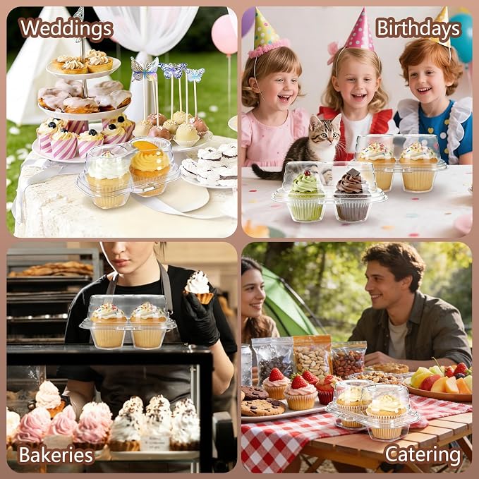 50 Pack Plastic Cupcake Containers with Lids, Disposable 2 Count Clear Cupcake Boxes Holders Carrier, Cake Storage Packaging to Go Muffin Containers for Dessert Donuts Wedding Birthday Party