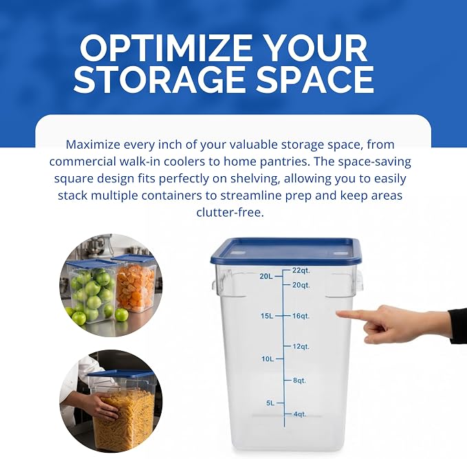 FSE 373-FCWL-22QT Food Container, 22 Qt Square Clear Storage Container with Measurement Markings, Stackable Space-Saving Design, Durable Construction, NSF