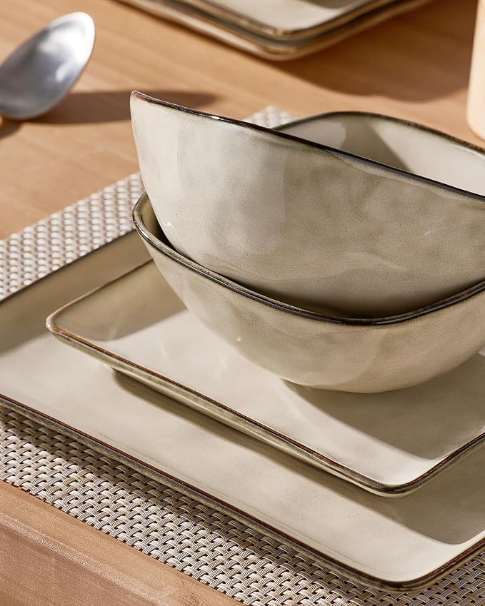 Famiware Stoneware Dinnerware Sets for 8, Ocean Square 24-Piece Kitchen Plates and Bowls Sets, Microwave and Dishwasher Safe, Scratch Resistant, Light khaki