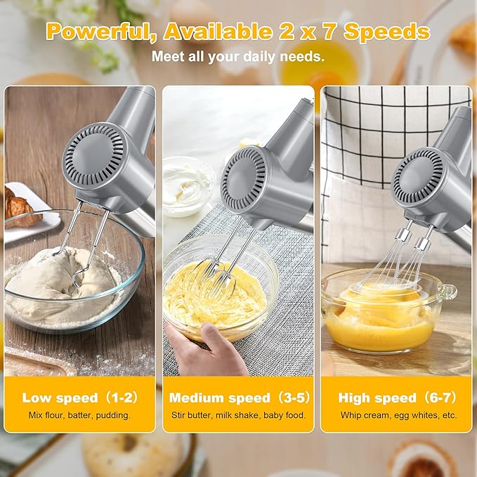 Cordless Electric Hand Mixer, 7 Speed Rechargeable Wireless Handheld Mixer with Eject Button, Long Battery, Quiet Anti-Splash, 6×304 Stainless Steel Attachments & Storage Base for Baking (Silver)