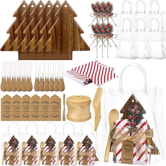 Potchen 6 Set Christmas Kitchen Gifts Wood Cheese Board Fork Spoon Butter Spreaders Dish Cloth Thank You Card Ribbon and Gift Bags for Merry Christmas Cooking Serving Xmas Utensils Gifts (Tree)