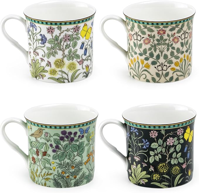 Grace Teaware Bone China Morris English Heritage Floral Coffee Tea Mugs 10-Ounce (4 Assorted Patterns) (Set of 4), Multicolor