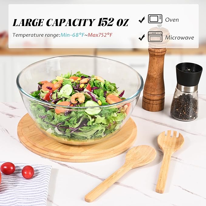 LOVYANXUE 10.6" Glass Salad Bowl with Lid, 4.7 Quart Large Capacity Serving Bowls and Mixing Bowls with Utensils, Versatile Serving Dish for Salads,Fruits,Pasta,Popcorn,Trifle Bowl, Microwave Safe