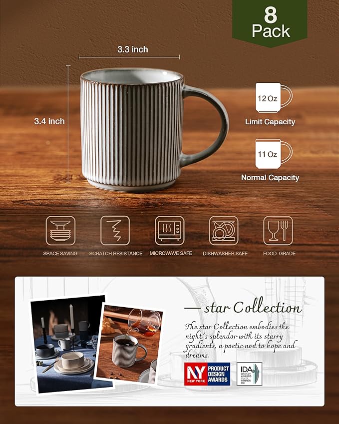 famiware Coffee Mug Set for 8, Star 12 oz Catering Mugs Cup Set with Handle for Coffee, Tea, Cocoa, Milk - Ceramic Stoneware Drinkware Set, Smoky Blue