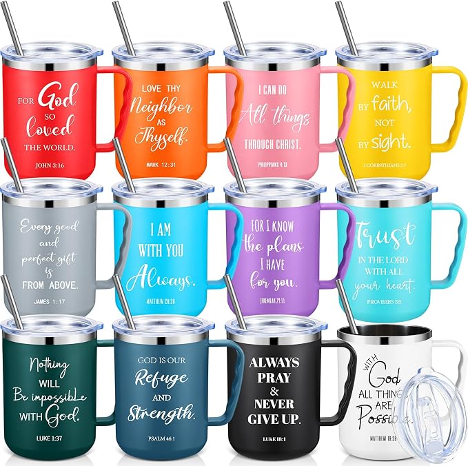 Sieral 12 Pcs Christian Gifts Coffee Mugs with Straw Lid 17 oz Religious Cups with Bible Stainless Steel Tumbler Inspirational Gifts for Women Men Pastor's Church Group(Multiple Colors,Bible Verse)