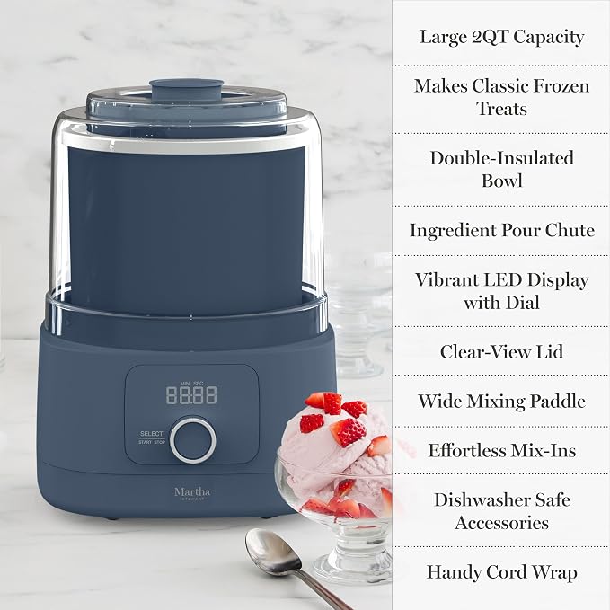 Martha Stewart Ice Cream Maker, 2 Quart Double-Insulated Freezer Bowl, Sorbet & Frozen Yogurt, Ready in 20 Minutes, Mix-Ins Chute, Easy to Clean, Indigo Blue