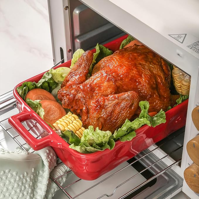 VICRAYS Ceramic Bakeware Set, Porcelain Rectangular Baking Dish, Baking Pan Lasagna Pans Casserole Dish Set for Cooking, Kitchen, Cake Dinner, Banquet and Daily Use, 3 PCS, 15 x 8.5 Inches (Red)