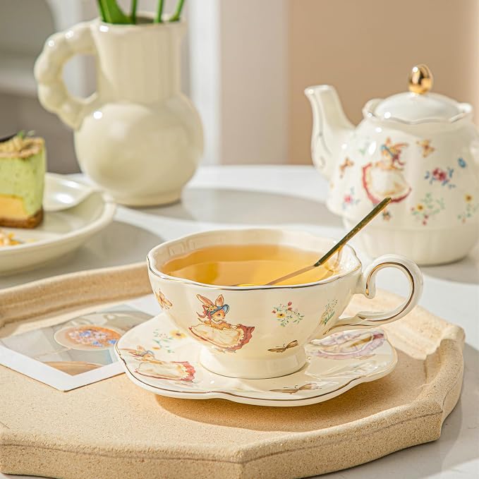 Domini Teapot cup combo,Teapot and Teacup for One,Tea Cup and Saucer Set-Tea Pot Set Gift for Girl Women,Rabit