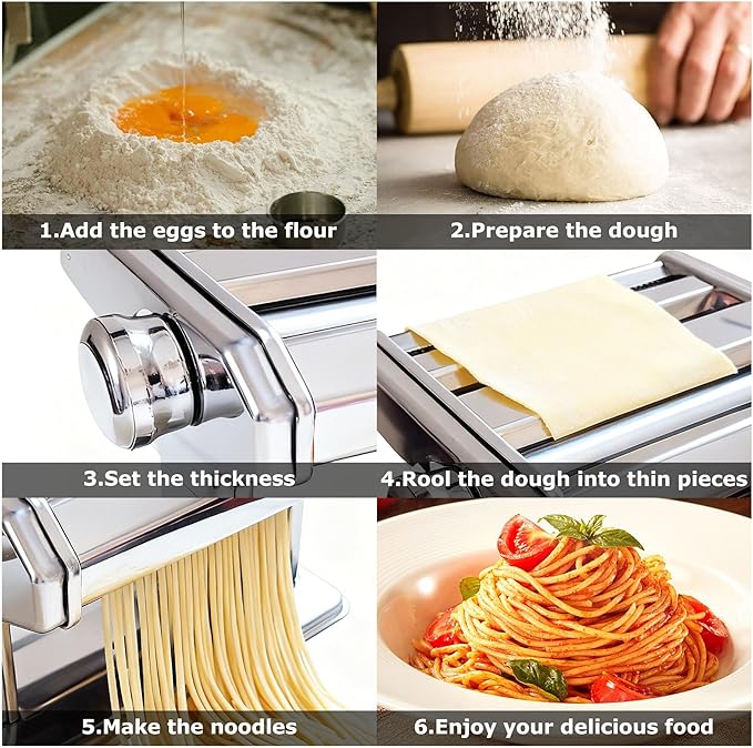 Pasta Maker Machine With 7 Adjustable Thickness Settings, Stainless Steel Manual Noodle Maker,Pasta Roller& Cutters With Removable Handle and Clamp For Kitchen （All-in-One ）
