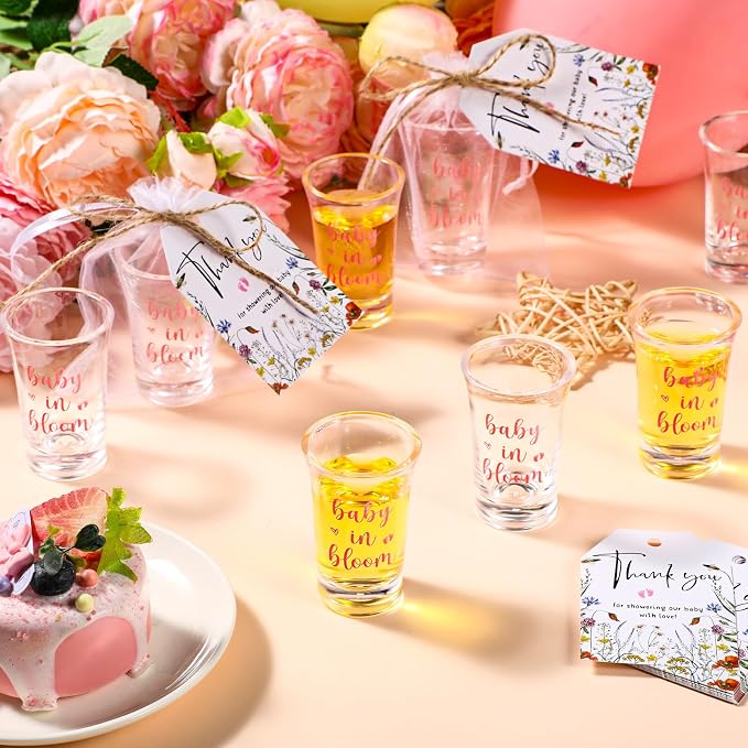 Pickmesh 50 Sets Baby in Bloom Baby Shower Shot Glasses for Guests Include Acrylic Clear Shot Glasses Spring Wildflower Cards Organza Bags Girl Favors for Gender Reveal Party Supplies