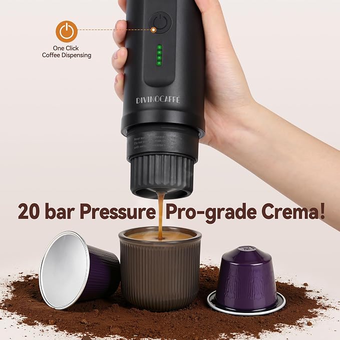DIVINOCAFFÉ Portable Espresso Machine, 20 Bar Self Heating Travel Coffee Maker, Compatible with NS Capsules & Coffee Powder, Mini Espresso Machine for RV, Hiking, Office, Car, Black