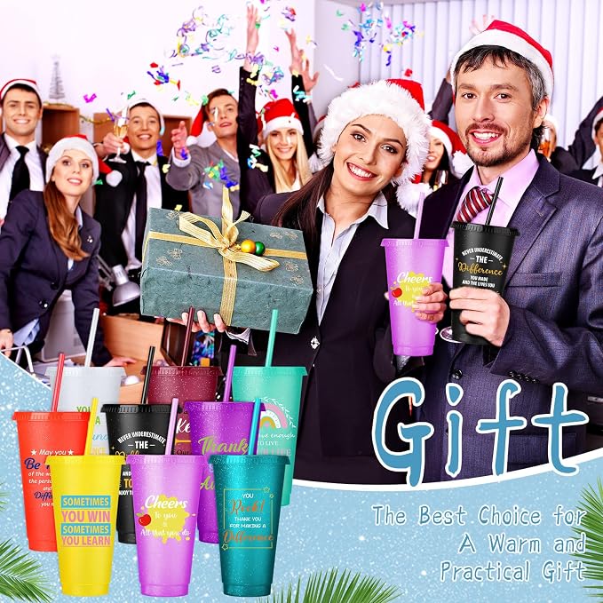 Feifeiya 72 Pcs/ 24 Set Thank You Gifts Bulk 24 oz Employee Staff Appreciation Tumbler with Lids and Straws Motivational Pens Inspirational Notepads Plastic Cup Gift (awesome, Colorful 2)