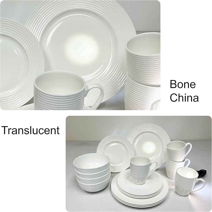 Bone China 16 Piece Dinnerware Dish Set, Service for 4, White Embossed Circle, Microwave Safe, Translucent, Elegant giftware, Essential Home, Formal and Everyday Living, Kitchen Dishes, Dinner Set