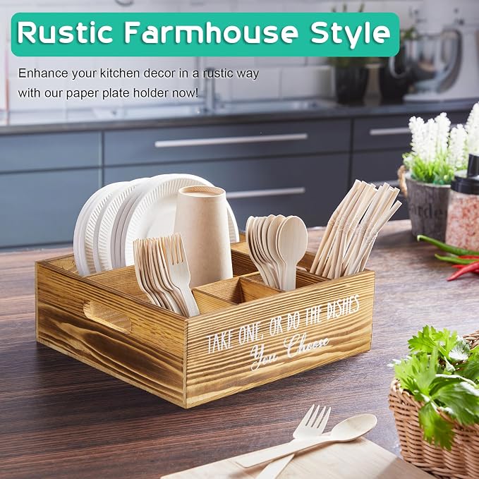 ALELION Rustic Plate and Utensil Caddy, 6-Compartment Paper Plate and Cutlery Holder with Handles, Kitchen and Party Organizer for BBQs, Picnics, and Gatherings, Brown