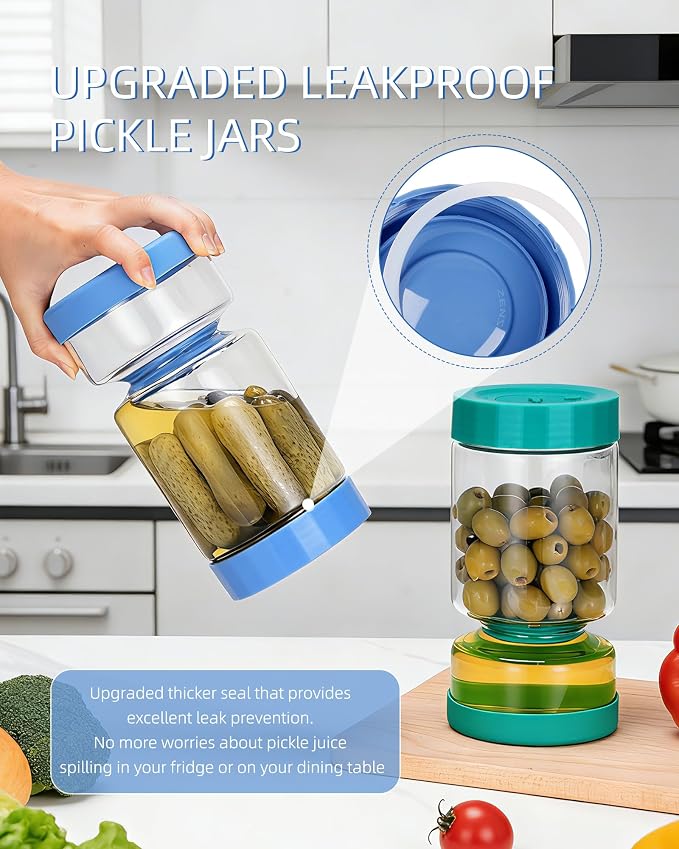ZENS Pickle Jar with Strainer Flip, 37 oz Hourglass Pickle Juice Separator Container, Airtight Leakproof Lid, 2 Pack Pickling Jars for Olive, Jalapeno Container-Dual Wet-Dry Design