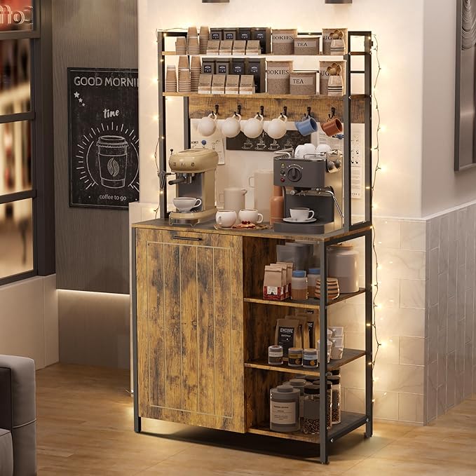 Kitchen Bakers Rack with Power Outlets, 63"H Microwave Oven Organizer with Tilt Out Trash Can Cabinet Storage Shelf 6 Tiers Coffee Bar Stand, Freestanding Pantry Hutch Rack with 6 Hooks (brown)
