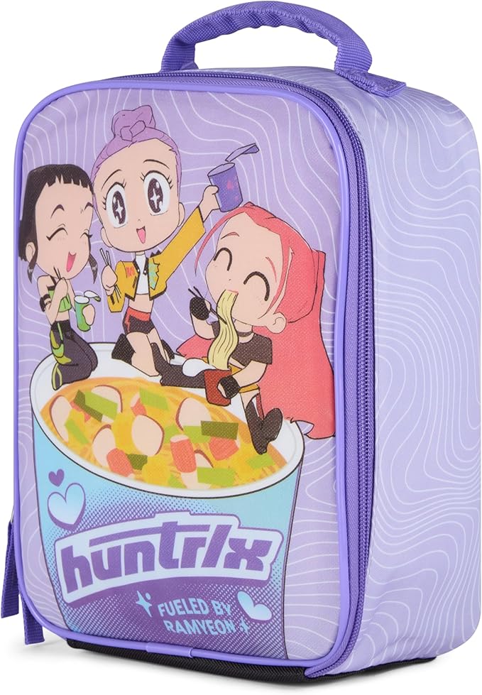 K-Pop Demon Hunters Huntrix Fueled by Ramyeon Lunch Box, Full Zip Around Insulated Lunch Tote Bag For Hot and Cold Food, Purple