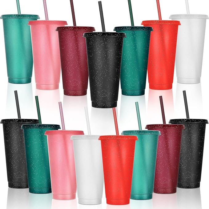 Honeydak 15 Pack Tumbler with Straw and Lid Bulk Cups for Gifts Glitter Plastic Coffee Cups 24-27 oz Reusable Water Bottle Iced Coffee Travel Mug Party Favors for Birthdays Travel (Bright Colors)