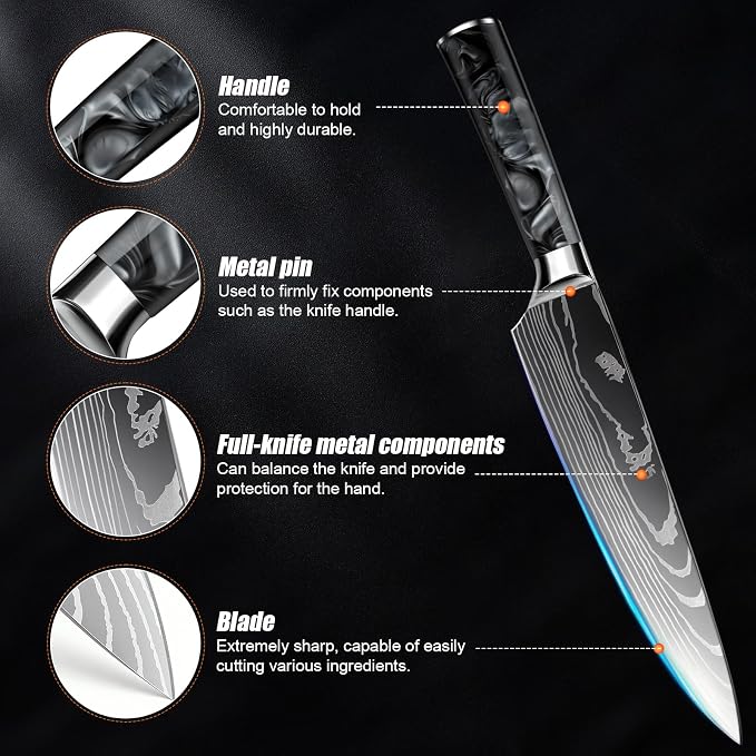 10-Piece Premium Japanese Kitchen Knife Set - Star Collection, Laser Damascus Pattern, 440A Stainless Steel Ultra Sharp for Fast Cutting (Black)