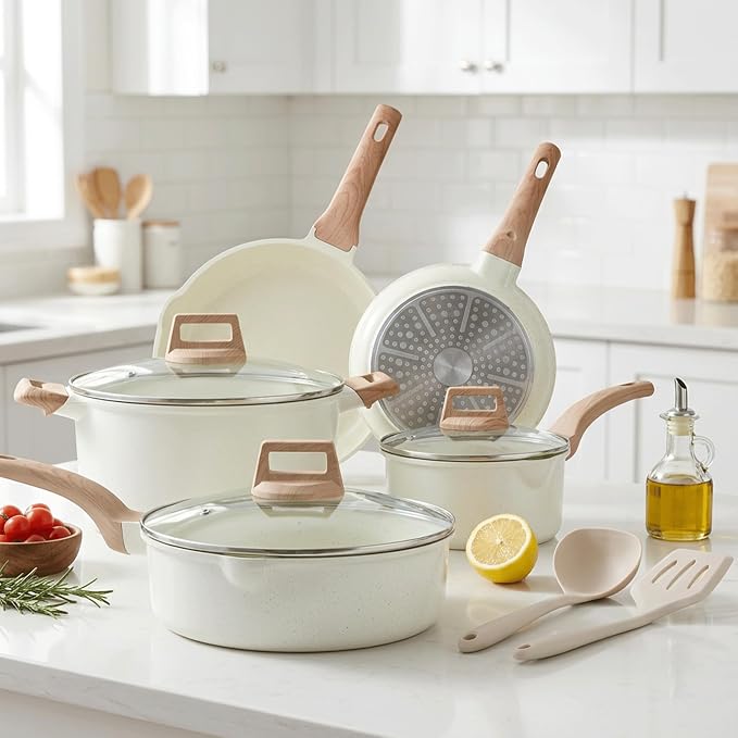 HealSmart 25Pcs Ceramic Cookware Set, Non-Toxic Nonstick Cooking Pots & Pans with Heat Resistant Grips, Complete Induction Compatible Kitchen Kit Including Multi-Size Frying Pans, Beige