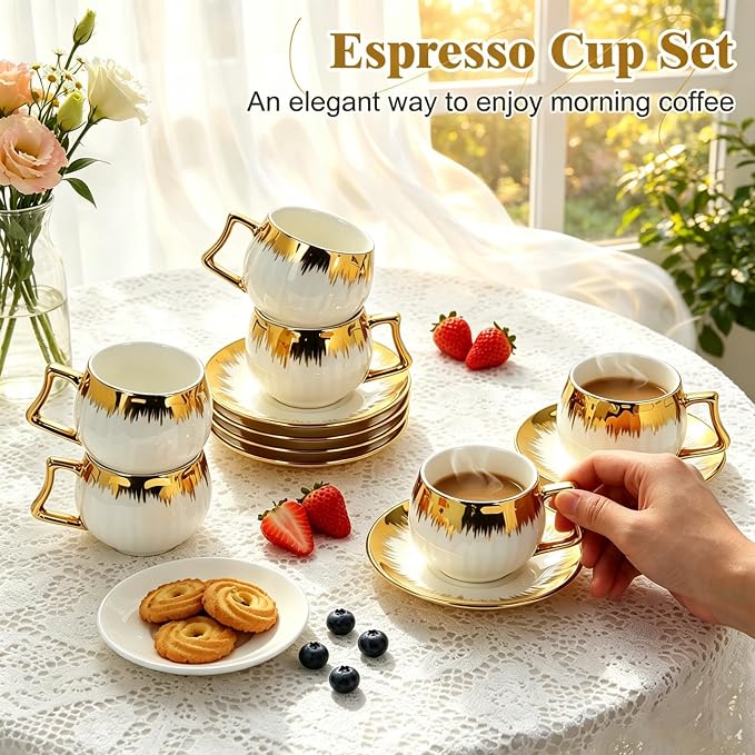 3.5 OZ Espresso Cups with Saucers, Ceramic Coffee Cup Set of 6, Turkish Coffee Cup Set, Coffee Cup Gift for Latte, Double Shot, Cafe Mocha and Tea, Dishwasher & Microwave Safe (Gold Trim-03)