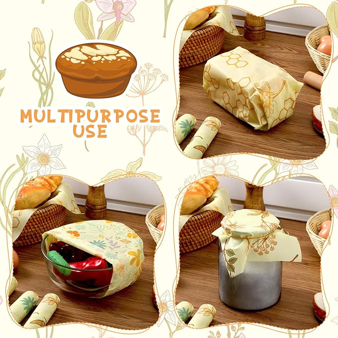 3 Rolls Beeswax Wraps for Food 13'' x 59'' Bees Wax Wraps Reusable Bees Beeswax Storage Wrap for Food Sustainable Honeycomb Floral Organic Cotton Wrap for Bread Sandwich Cheese Fruit