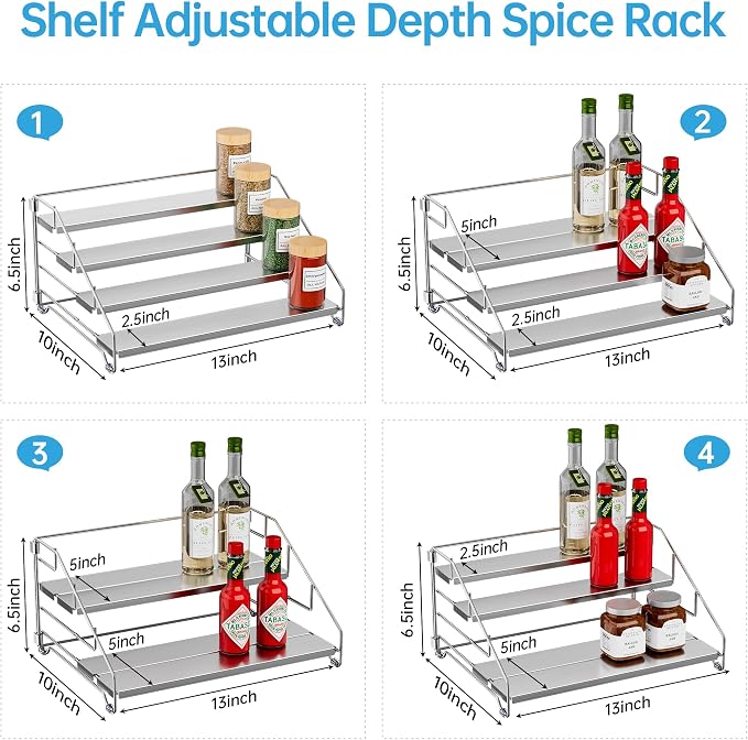 BOIVSHI Heavy Duty Spice Rack for Cabinet, Space Saving 4 Tier Spice Organization for Cabinet, Adjustable Depth Spice Shelf for Cabinet, Counter, Pantry - Chrome, 2 Pack