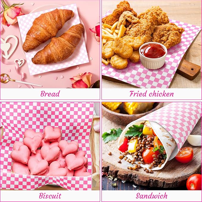 Spakon 1000 Sheets Wax Deli Paper Sheets for Food 12 x 12 Inch Checkered Dry Waxed Deli Basket Liners for Sandwich Wrapping, Food Basket Liners, Picnic party(Pink-white)